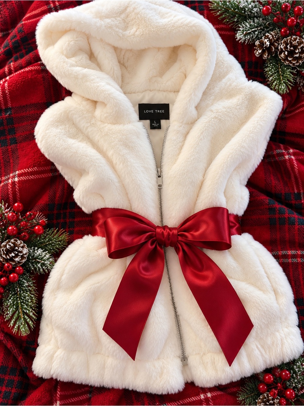 Love Tree NWT L Winter White Faux Fur Hooded Zip Vest ♥️